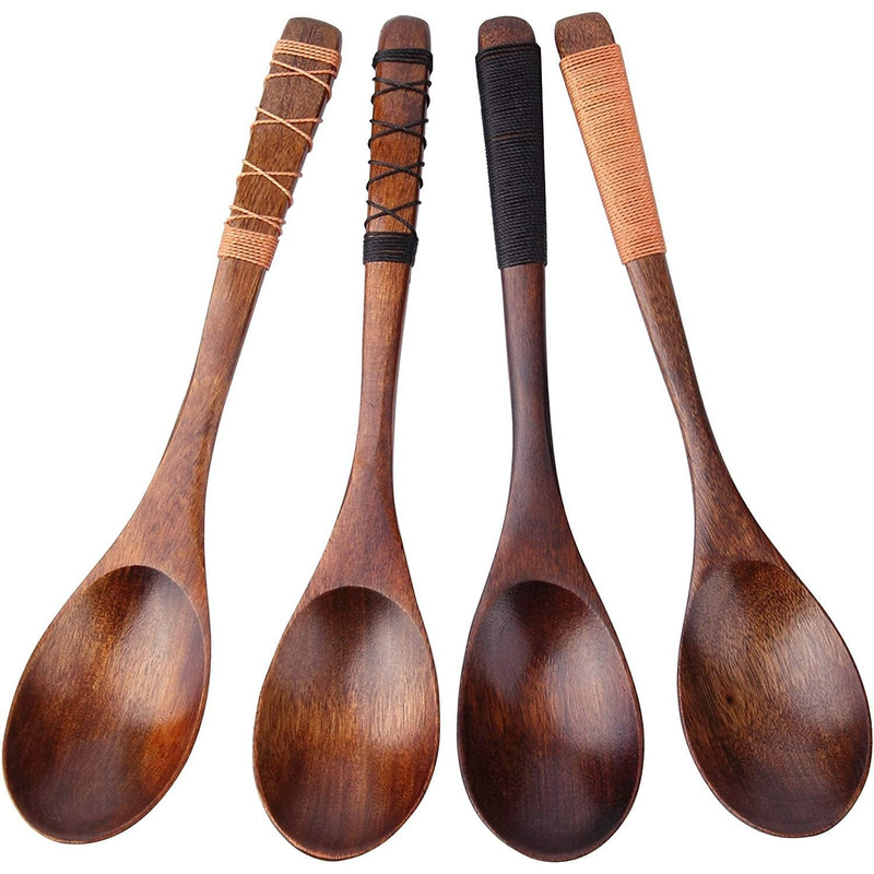 4 Piece Set Wooden Ladle Spoon Set For Cooking Mixing Stirring Honey Tea Soda Dessert Coconut Bowl 0