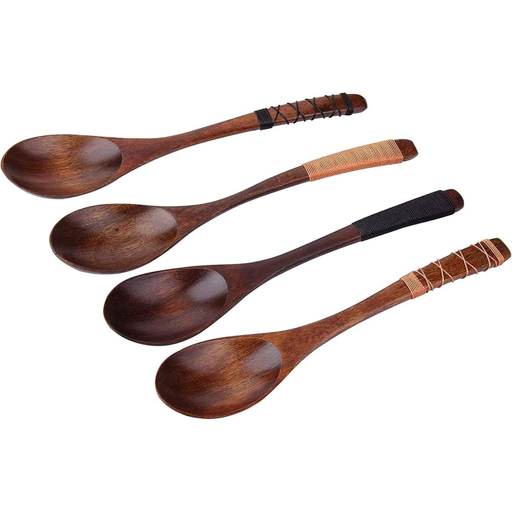 4 Piece Set Wooden Ladle Spoon Set For Cooking Mixing Stirring Honey Tea Soda Dessert Coconut Bowl 2