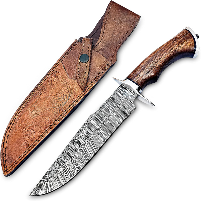 Custom Handmade Damascus Bowie Knife 14 Inches Fixed Blade Hunting Knife With With Sheath With Wood 1