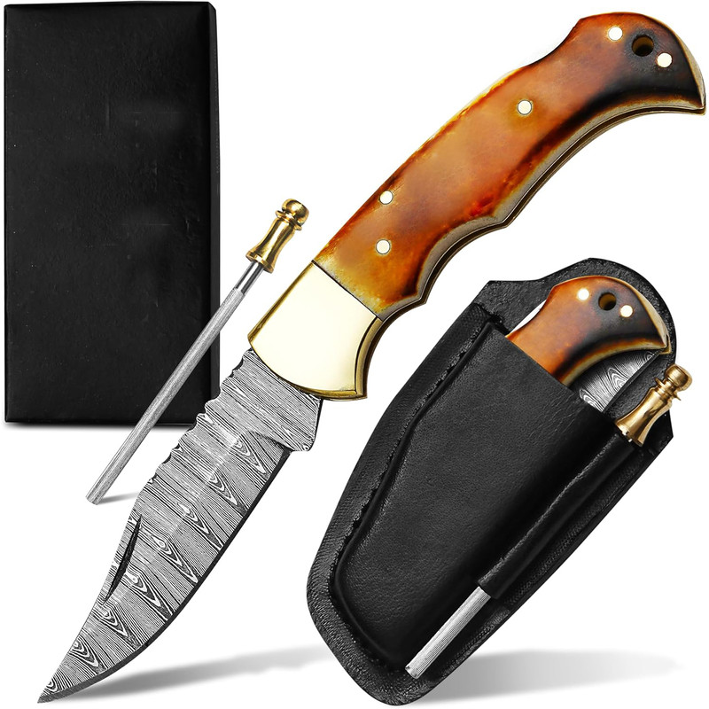 ALFARI Damascus Folding Pocket Knife For Men Deal For Camping Outdoor Hiking With Sheath Ideal For 0