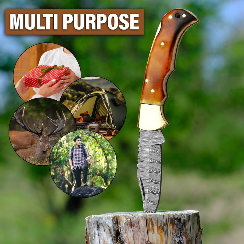 ALFARI Damascus Folding Pocket Knife For Men Deal For Camping Outdoor Hiking With Sheath Ideal For 1