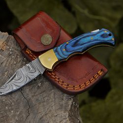alfari damascus folding pocket knife for men deal for camping, outdoor, hiking with sheath ideal for edc (blue wood)