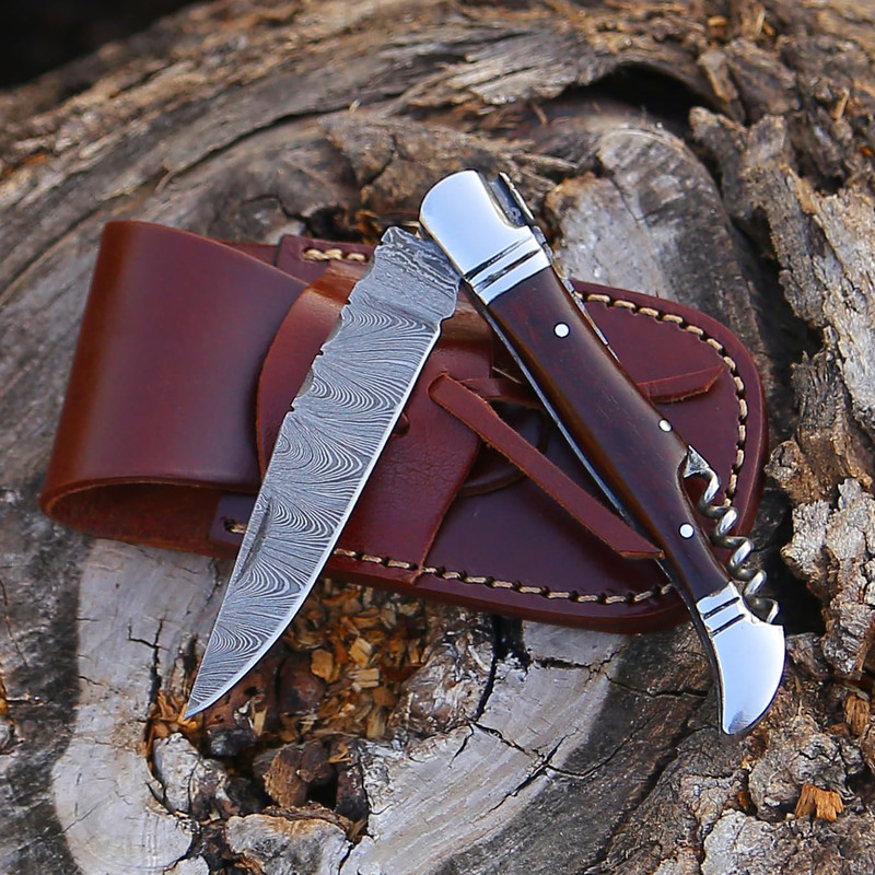 Damascus Pocket Folding Knife With Sheath Laguiole Lightweight MultiTool For Camping Outdoor Huntin 2