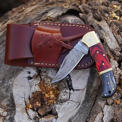 6.5 inch damascus pocket knife with sheath, handmade folding pocket knife for men, black-red wooden handle
