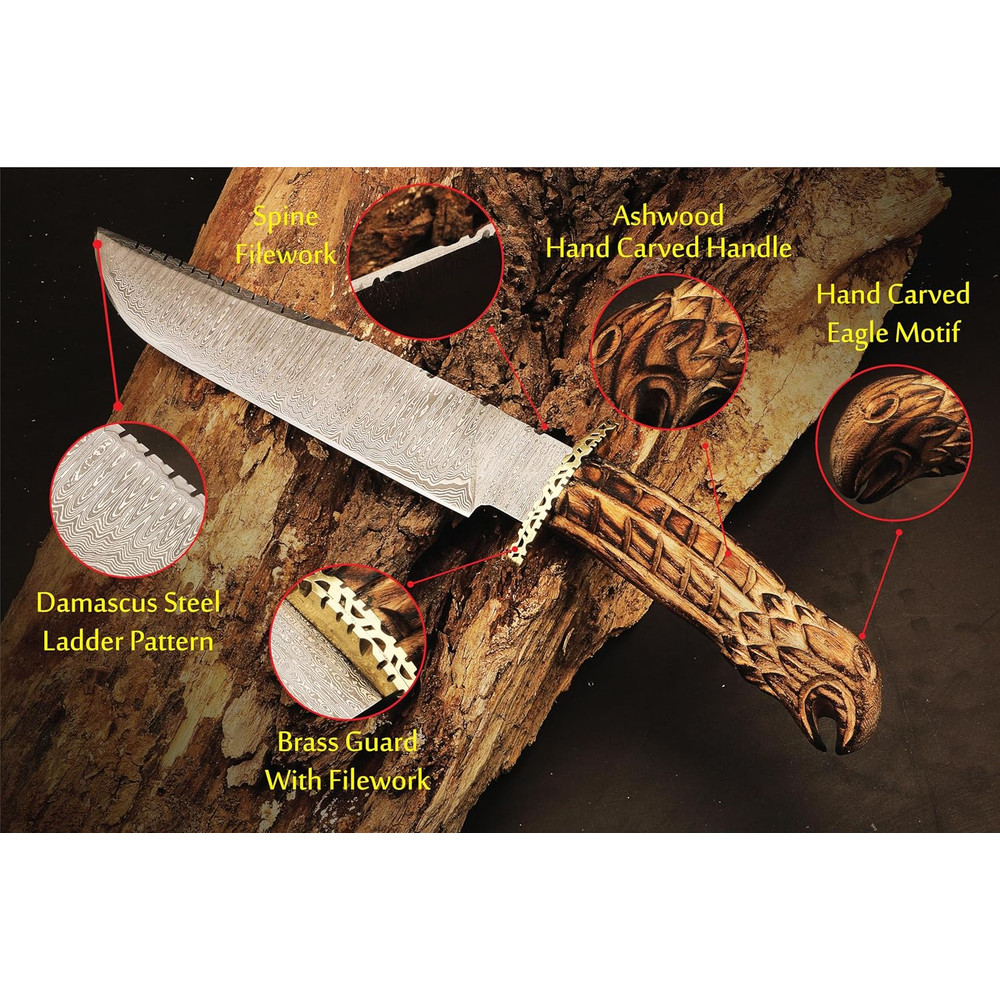 16Inch Premium Handcrafted Damascus Steel Hunting Knife Edge EDC Camping Knife Ideal ASHA WOOD HAND 1