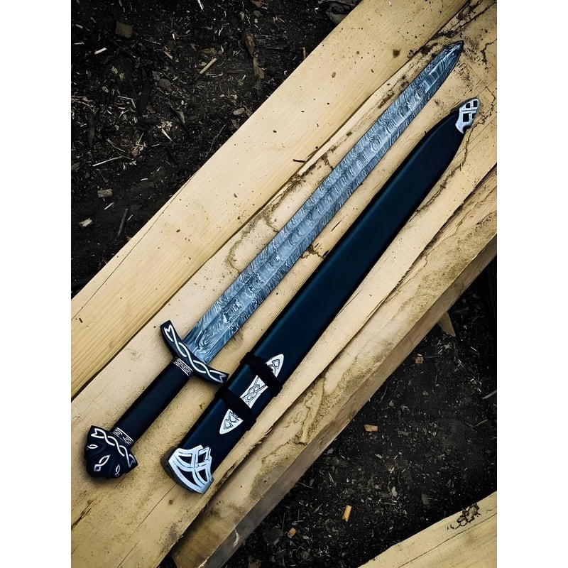 ALFARI 38 Inches Damascus Steel Sword Viking Double Edge Sword With Sheath Handmade Barbarian Sword 3
