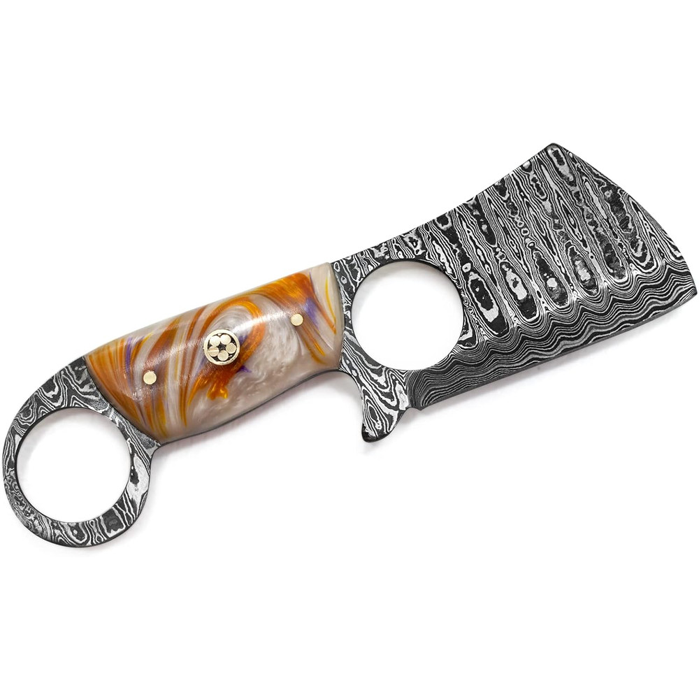 Damascus Steel Mini Cleaver Fixed Blade Pocket Knife Acrylic Handle With Sheath Kitchen Outdoors 0