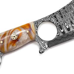 damascus steel mini cleaver fixed blade pocket knife acrylic handle with sheath kitchen & outdoors