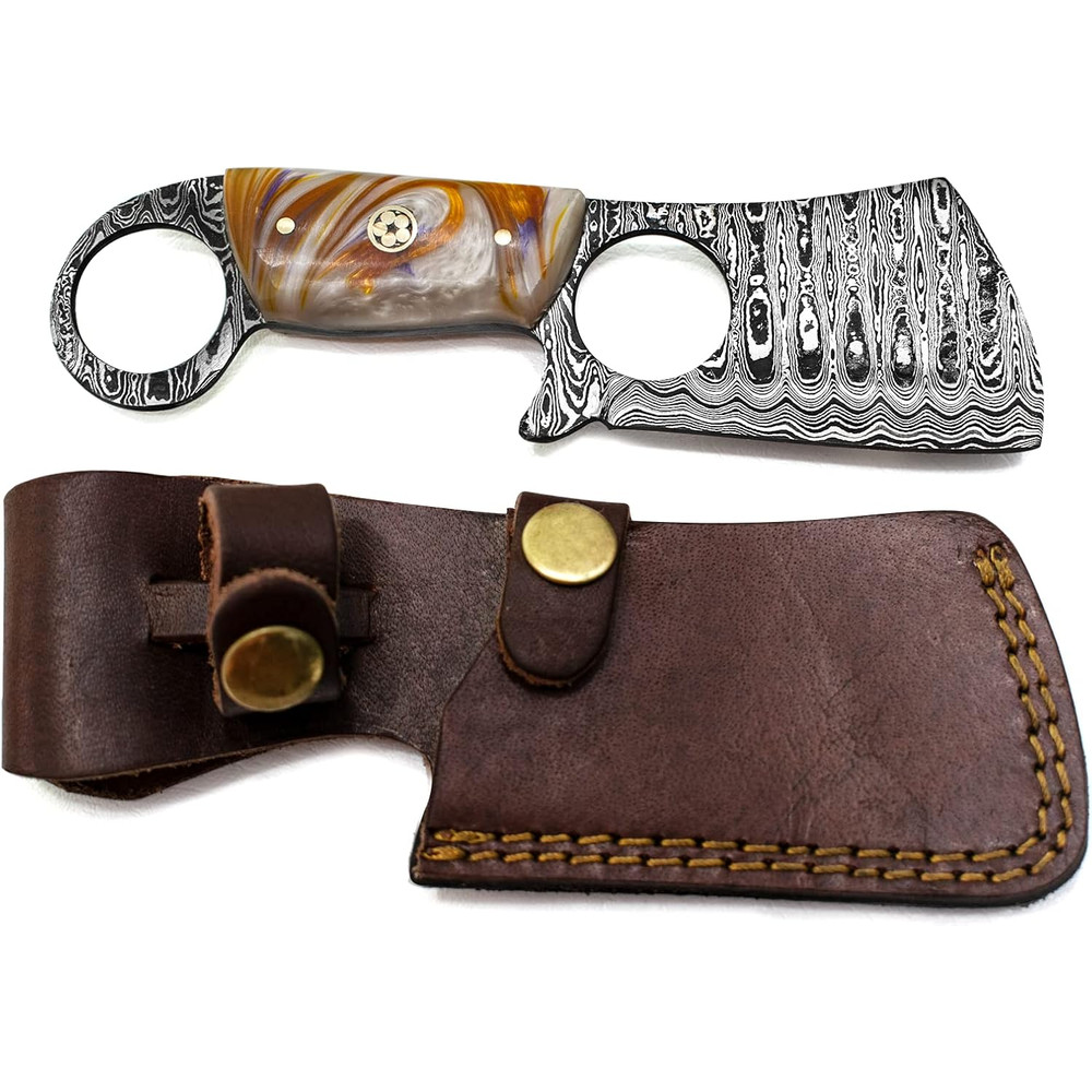 Damascus Steel Mini Cleaver Fixed Blade Pocket Knife Acrylic Handle With Sheath Kitchen Outdoors 1