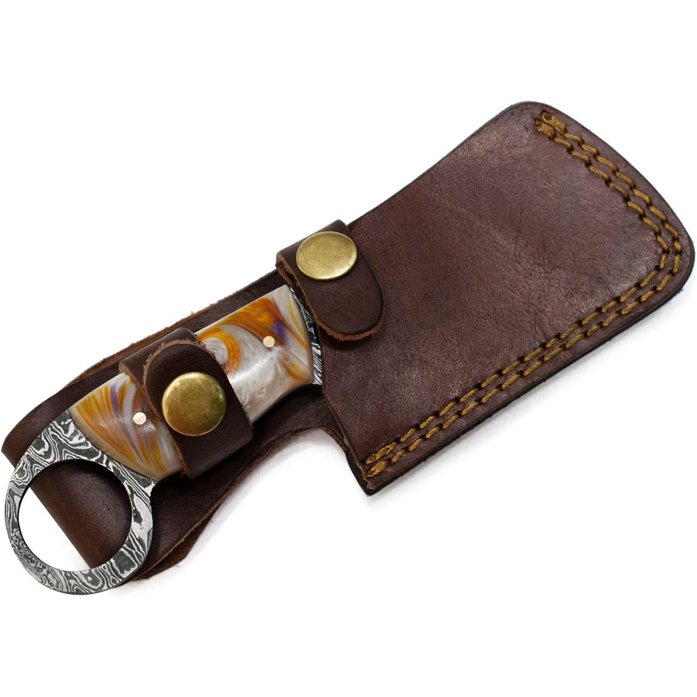 Damascus Steel Mini Cleaver Fixed Blade Pocket Knife Acrylic Handle With Sheath Kitchen Outdoors 3