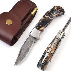alfari damascus folding pocket knife for men deal for camping, outdoor, hiking with sheath ideal for edc bown resin