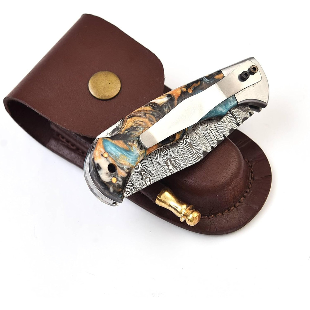 ALFARI Damascus Folding Pocket Knife For Men Deal For Camping Outdoor Hiking With Sheath Ideal For  2