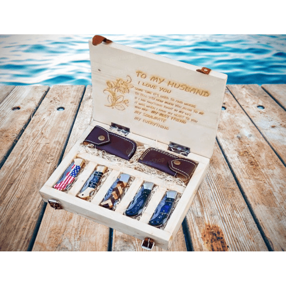 Damascus Personalized Pocket Knife Set With Box Groomsmen Gift Folding Knife Camping Gift For Boyfr 0