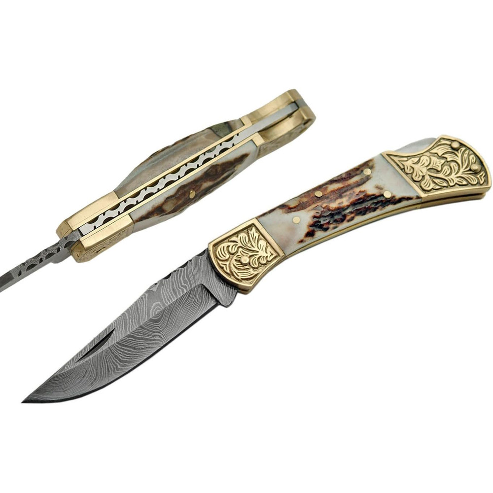 Damascus Steel Fancy Folding Knife With Stag Handle Damascus Steel Knife Camping Gift For Boyfriend 2