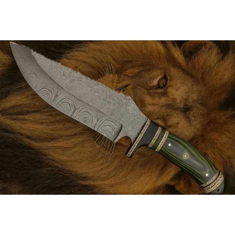 Handmade Damascus Steel Bowie Knife Green Exotic Handle Hunting Camping Collectors Blade 0