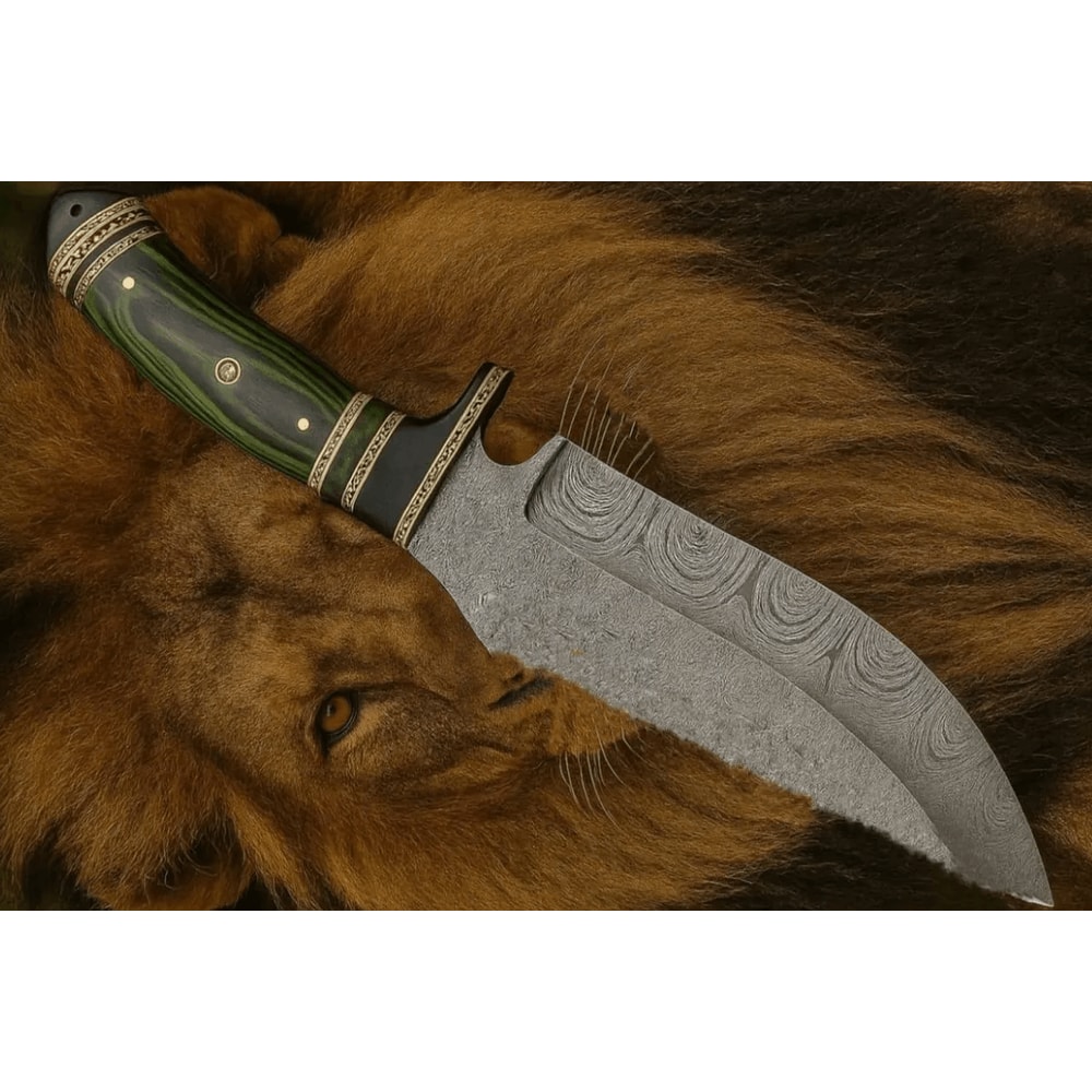 Handmade Damascus Steel Bowie Knife Green Exotic Handle Hunting Camping Collectors Blade 1