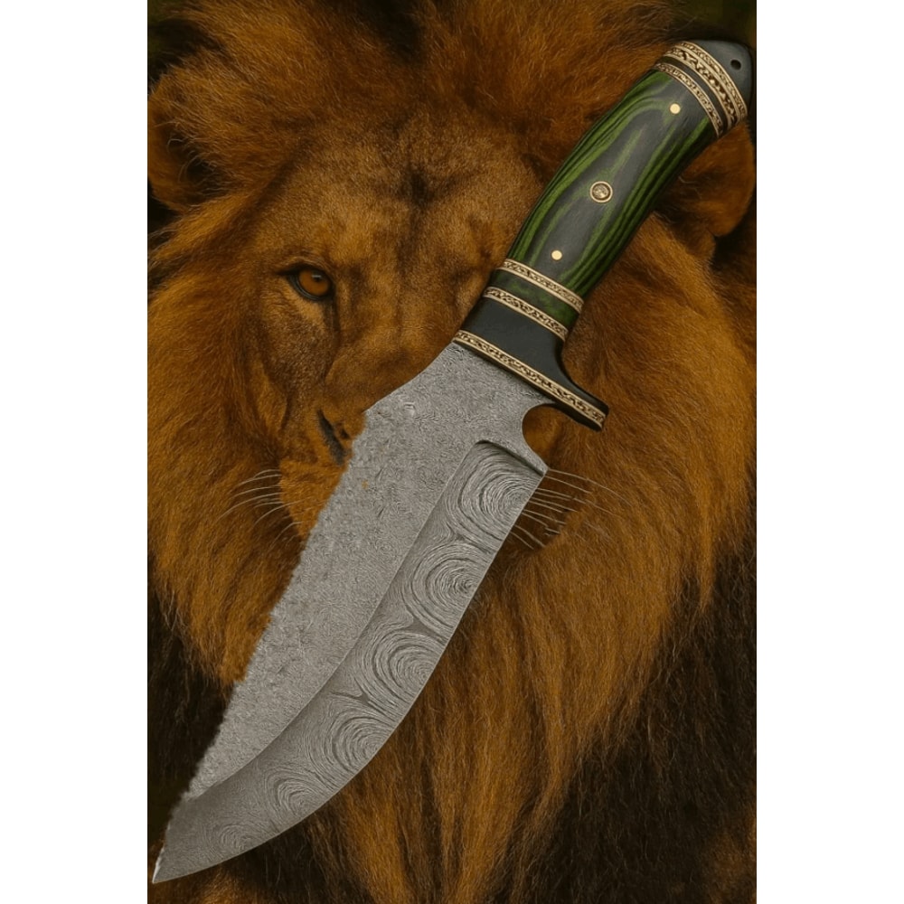 Handmade Damascus Steel Bowie Knife Green Exotic Handle Hunting Camping Collectors Blade 2