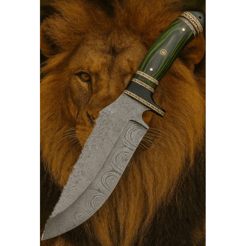 Handmade Damascus Steel Bowie Knife Green Exotic Handle Hunting Camping Collectors Blade 2