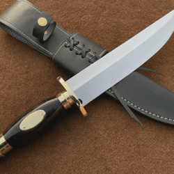 searless bowie knife | handmade d2 steel knife | buffalo horn handle, leather sheath 82