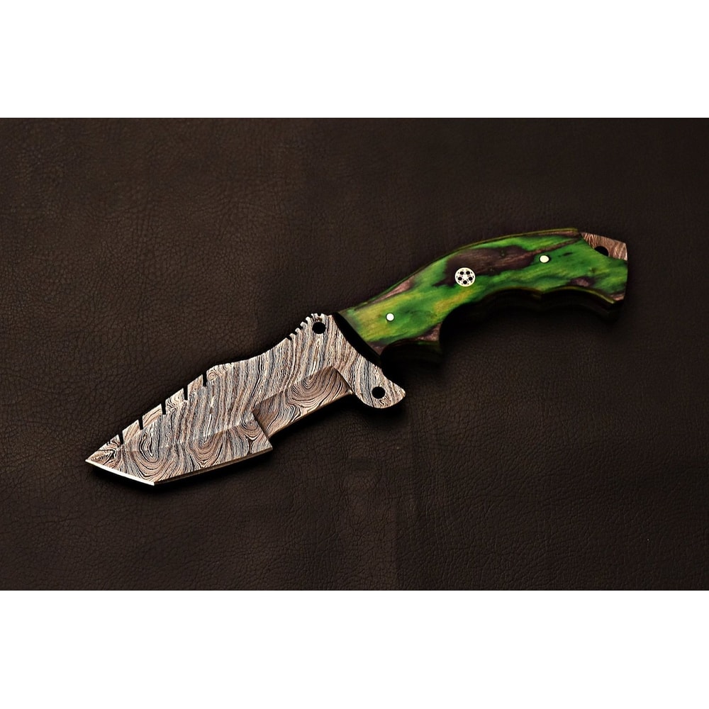 Damascus Tracker Knife Green Hardwood Handle Fixed Blade Anniversary Gifts Luxury Artisan 1