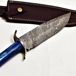 handmade damascus bowie knife | color camel bone handle & leather sheath