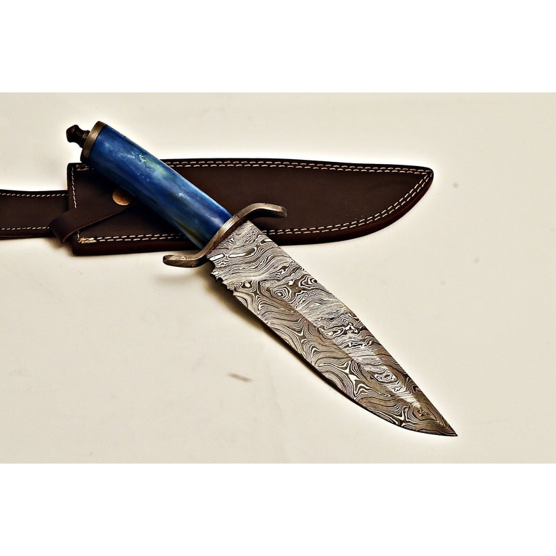 Handmade Damascus Bowie Knife Color Camel Bone Handle Leather Sheath 3