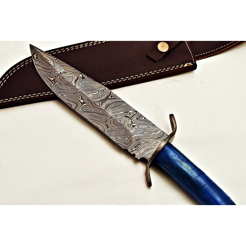 Handmade Damascus Bowie Knife Color Camel Bone Handle Leather Sheath 4