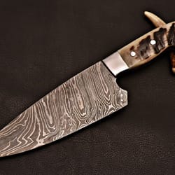 damascus steel cooking knife | artisan chef blade with ram horn handle | birthday gifts