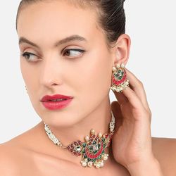 pink & green meenakari multistrand pearls choker necklace & earring set for women