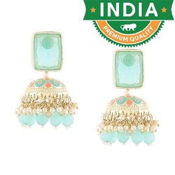 turquoise peach meenakari cluster beads drop jhumki earring for women