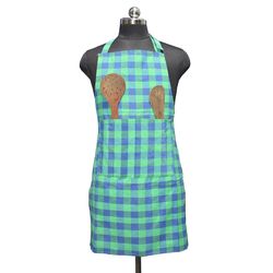 waterproof unisex kitchen apron checkered with 2 big size front centre pocket and adjustable neck strap (blue-green)