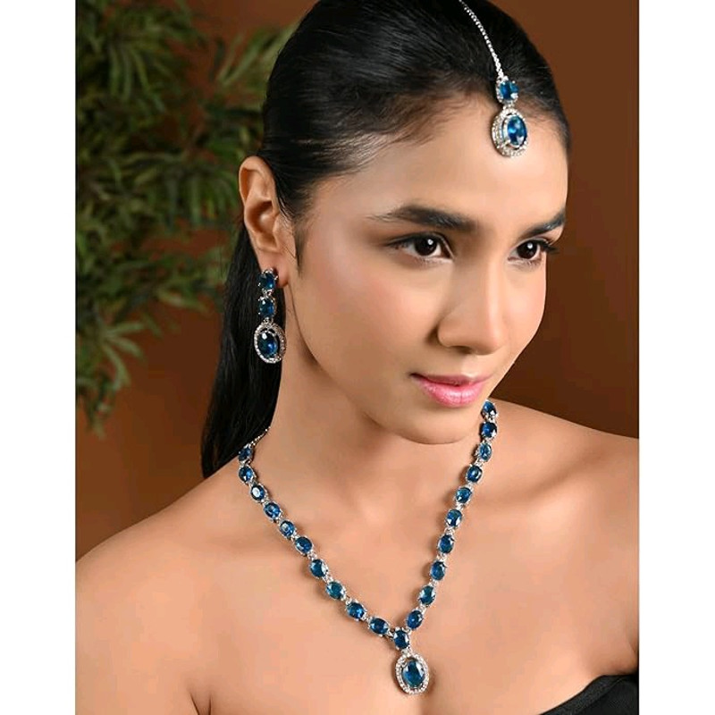 Jewels Silver Plated Stylish Design Crystal Diamond Necklace With Earrings 1