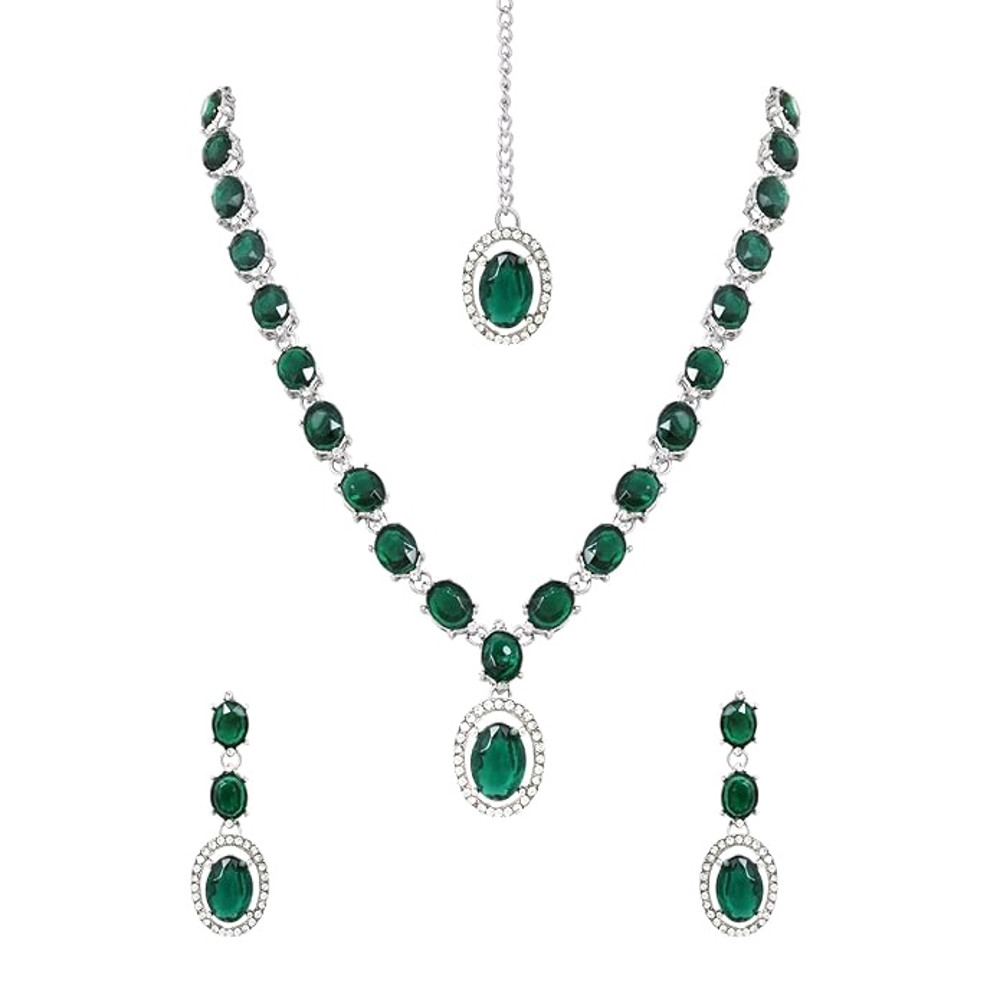 Jewels Silver Plated Stylish Design Crystal Diamond Necklace With Earrings  Maang Tikka Jewellery S 0