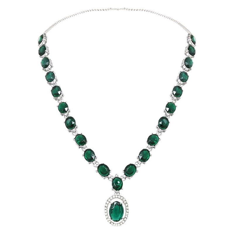 Jewels Silver Plated Stylish Design Crystal Diamond Necklace With Earrings  Maang Tikka Jewellery S 1