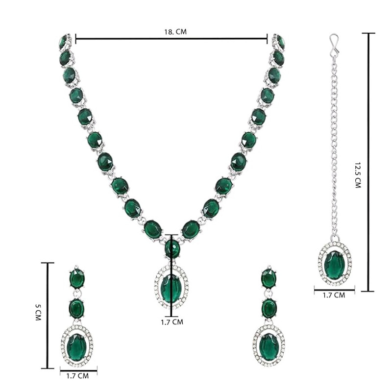 Jewels Silver Plated Stylish Design Crystal Diamond Necklace With Earrings  Maang Tikka Jewellery S 5
