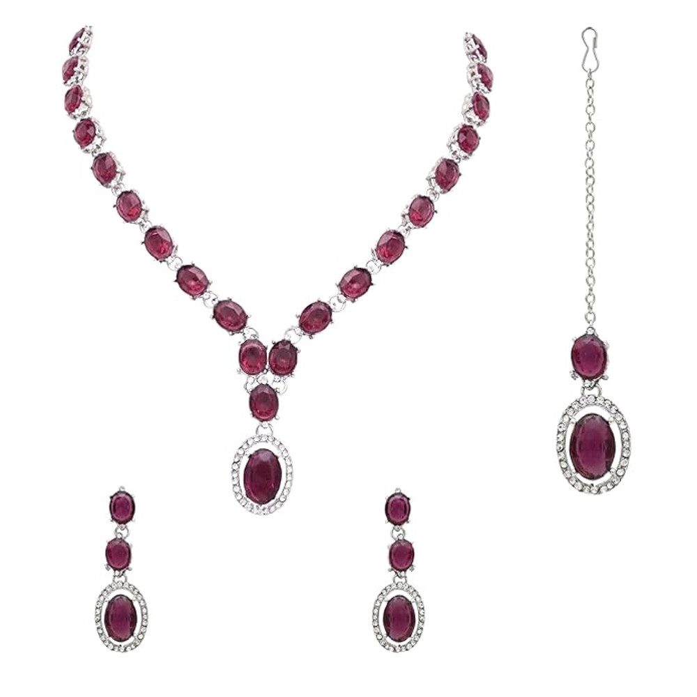 New Jewels Silver Plated Stylish Design Crystal Diamond Necklace With Earrings  Maang Tikka Jewelle 0