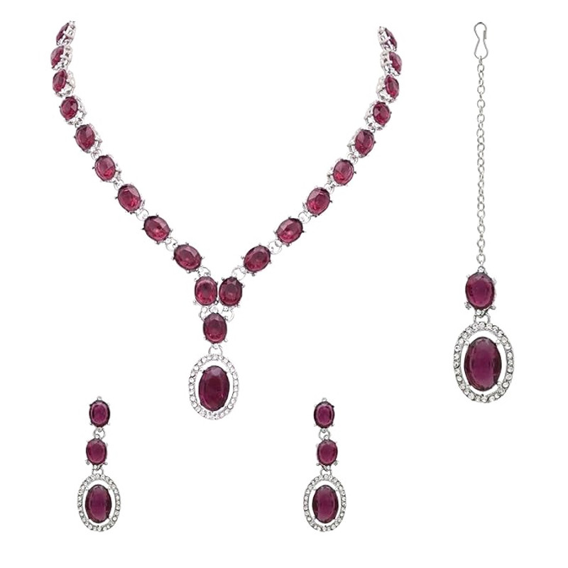 New Jewels Silver Plated Stylish Design Crystal Diamond Necklace With Earrings  Maang Tikka Jewelle 0