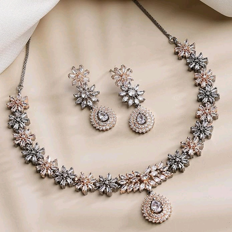 RhodiumPlated With SilverToned Floral Design White American Diamond Studded Jewellery Set 0