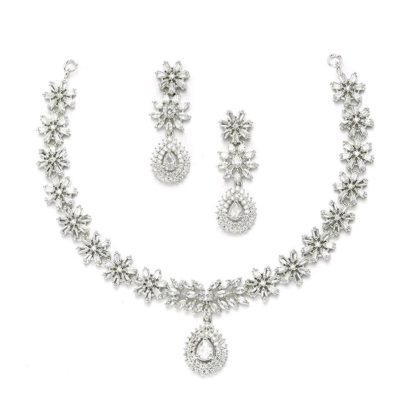 RhodiumPlated With SilverToned Floral Design White American Diamond Studded Jewellery Set 1