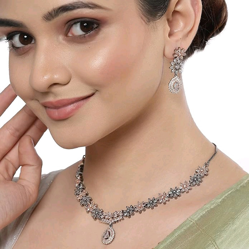 RhodiumPlated With SilverToned Floral Design White American Diamond Studded Jewellery Set 5