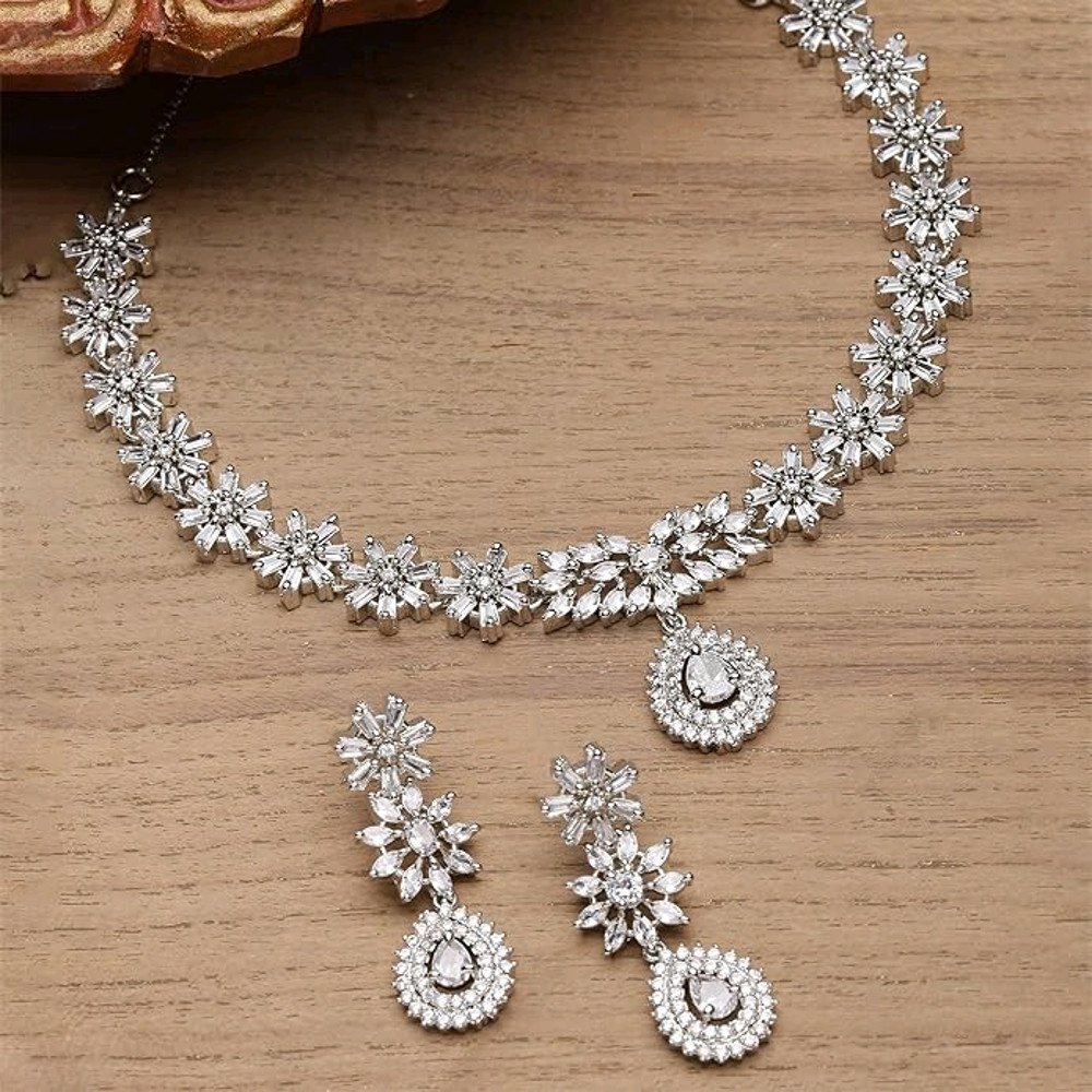 New RhodiumPlated With SilverToned Floral Design White American Diamond Studded Jewellery Set 0