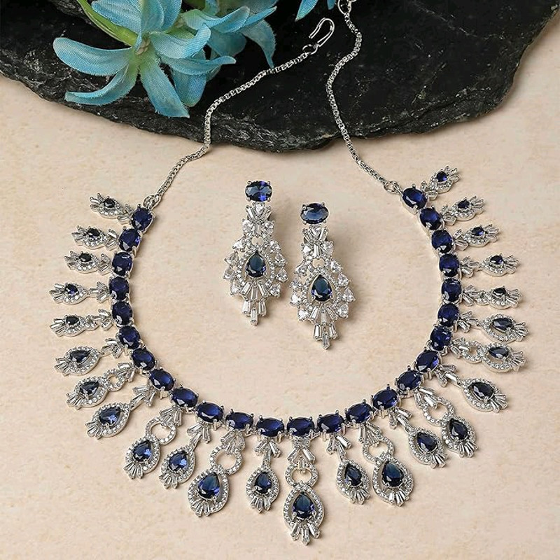 RhodiumPlated American Diamond Studded Oval  Teardrop Shaped Necklace With Earrings Jewellery Set F