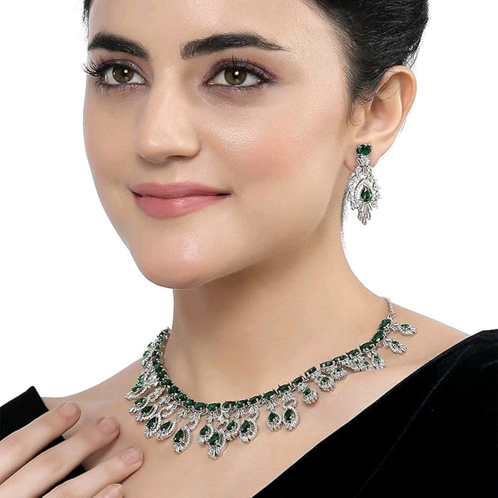 Plated American Diamond Studded Oval  Teardrop Shaped Necklace With Earrings Jewellery Set For Girl 2