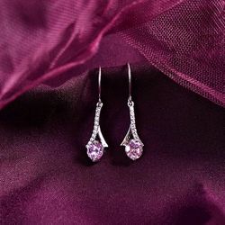 silver pink solitaire pendant earring chain jewellery set | rhodium plated, swiss zirconia | rakhi rakshabandhan gift fo