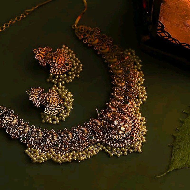 Latest Stylish Fancy Pearl Choker Traditional Jewellery Set For Women  Temple Necklace Set  Festive 1