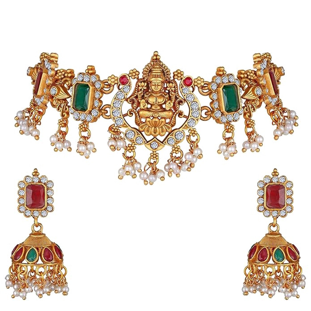 Shining Diva Fashion Latest Stylish Fancy Pearl Choker Traditional Jewellery Set For Women  Temple  0