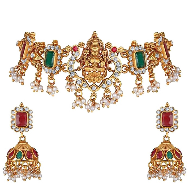 Shining Diva Fashion Latest Stylish Fancy Pearl Choker Traditional Jewellery Set For Women  Temple  0