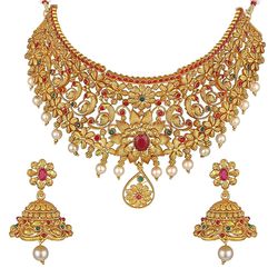 newlatest stylish fancy pearl choker traditional jewellery set for women temple necklace set festive wedding party neck