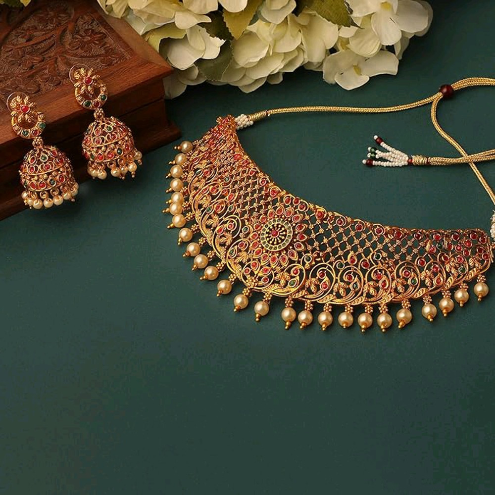 Stylish Fancy Pearl Choker Traditional Jewellery Set For Women  Temple Necklace Set  Festive Weddin 1