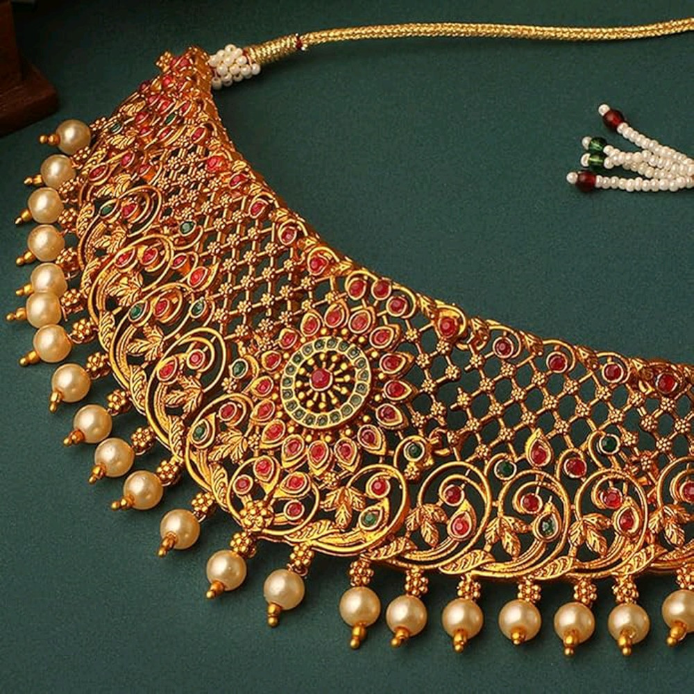 Stylish Fancy Pearl Choker Traditional Jewellery Set For Women  Temple Necklace Set  Festive Weddin 2